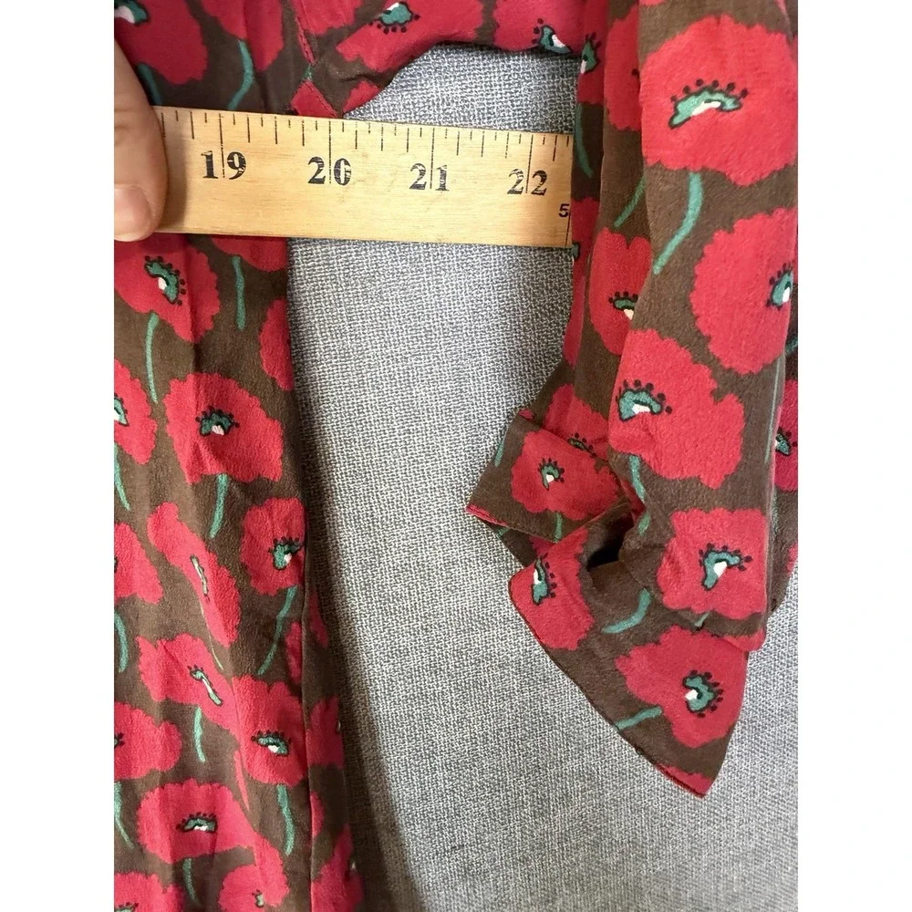 Vintage Max Mara Sz 12 Red Poppy Floral Print Silk Italy 3/4 Button Blouse Top